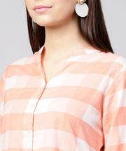 Peach checked 3/4th sleeve cotton front open A-line kurta