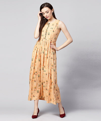 Yellow printed sleeveless rayon A-line maxi dress with button  in Yokr