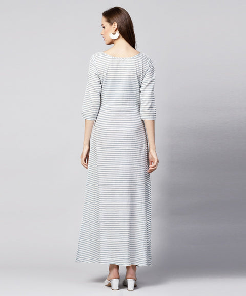 Blue striped 3/4th sleeve cotton A-line maxi dress
