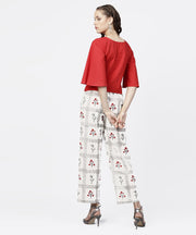 Red 3/4th sleeve tops with off white printed palazzo