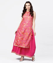 Pink printed boat neck sleeveless kurta with a solid dye skirt