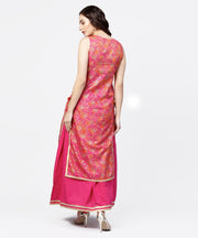 Pink printed boat neck sleeveless kurta with a solid dye skirt