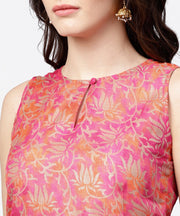 Pink printed boat neck sleeveless kurta with a solid dye skirt