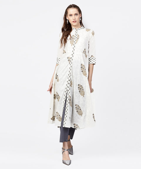 White printed 3/4th sleeve A-line kurta with grey solid dye palazzo