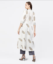 White printed 3/4th sleeve A-line kurta with grey solid dye palazzo