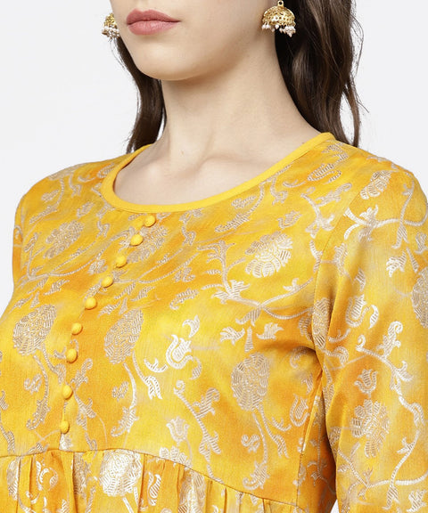 Yellow banglori printed round neck 3/4th sleeve A-line maxi dress