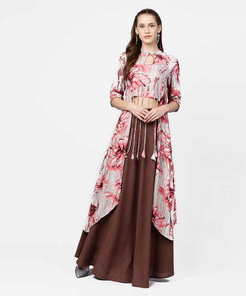 Grey printed key hole 3/4th sleeve front slit assymetrical kurta with solid brown skirt