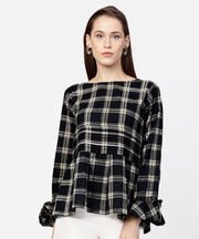 Black check peplum style tops with flared sleeve