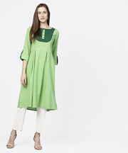 Solid green 3/4th sleeve flap style sleeve A-line kurta