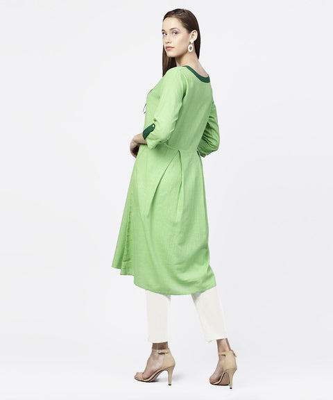 Solid green 3/4th sleeve flap style sleeve A-line kurta