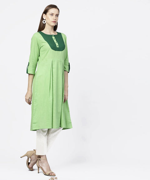 Solid green 3/4th sleeve flap style sleeve A-line kurta