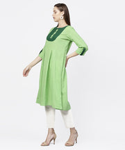 Solid green 3/4th sleeve flap style sleeve A-line kurta