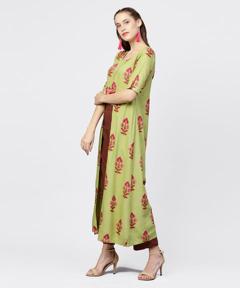 Green printed half sleeve front slit kurta with solid brown straight pant
