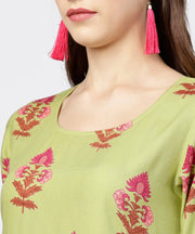 Green printed half sleeve front slit kurta with solid brown straight pant