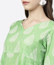 Green printed 3/4th Sleeve assymetrical kurta with white palazzo
