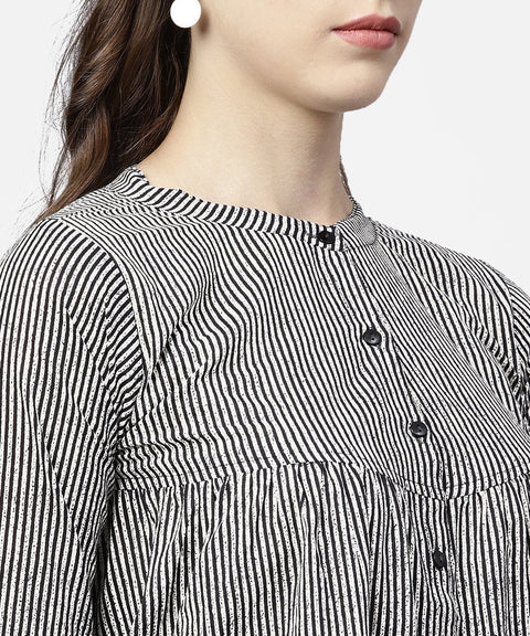 Black striped full sleeve A-line top with regular fit palazzo set
