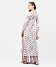 Off white printed 3/4th sleeve straight kurta with striped regular fit palazzo