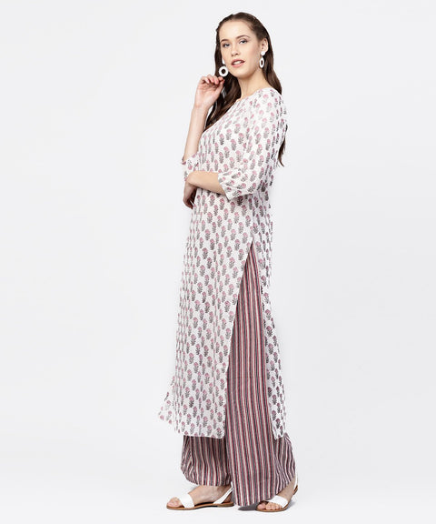 Off white printed 3/4th sleeve straight kurta with striped regular fit palazzo