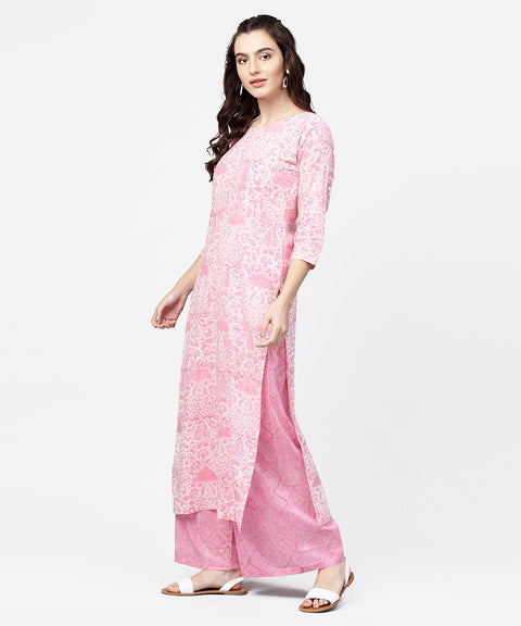 Pink printed 3/4th sleeve straight kurta with printed palazzo set