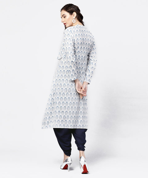 Blue printed 3/4th sleeve A-line cotton kurta with solid dye dhoti pant set