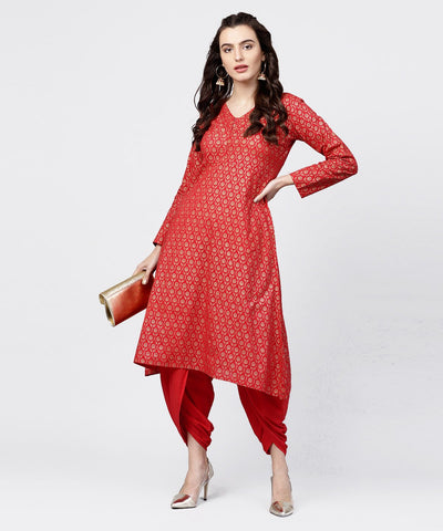 Red printed 3/4th sleeve A-line cotton kurta with solid dye dhoti pant set