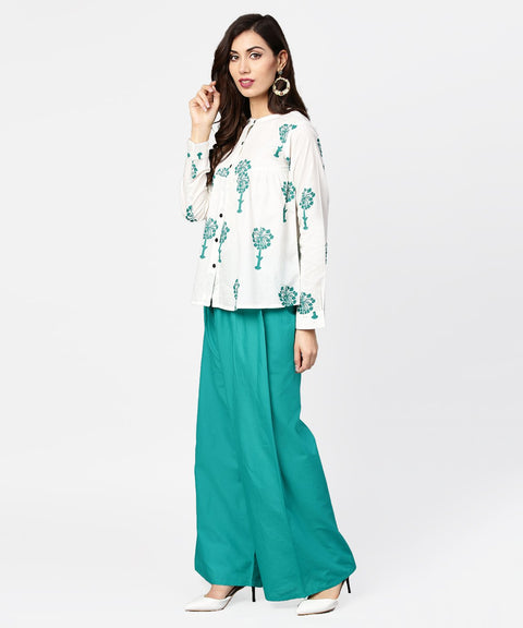 White printed 3/4th sleeve cotton tops with green palazzo set