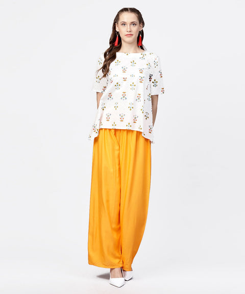 White printed half sleeve short cotton top with yellow regular fit palazzo