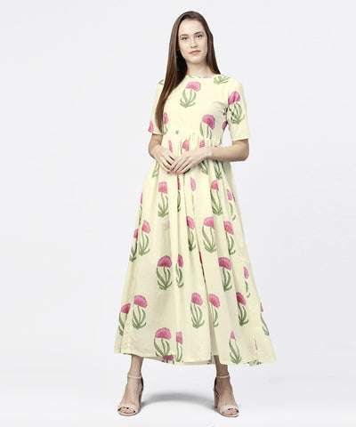 Off white floral printed half sleeve cotton maxi dress