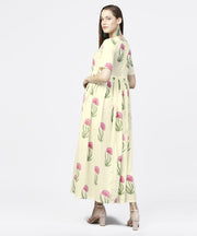 Off white floral printed half sleeve cotton maxi dress