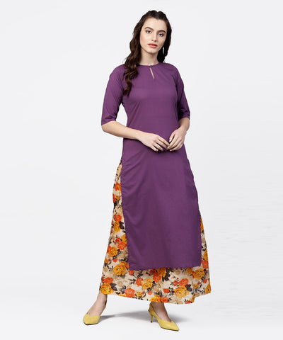 Solid Short- Round neck with a Slit 3/4th sleeved Kurta with Floral Printed Skirt Set