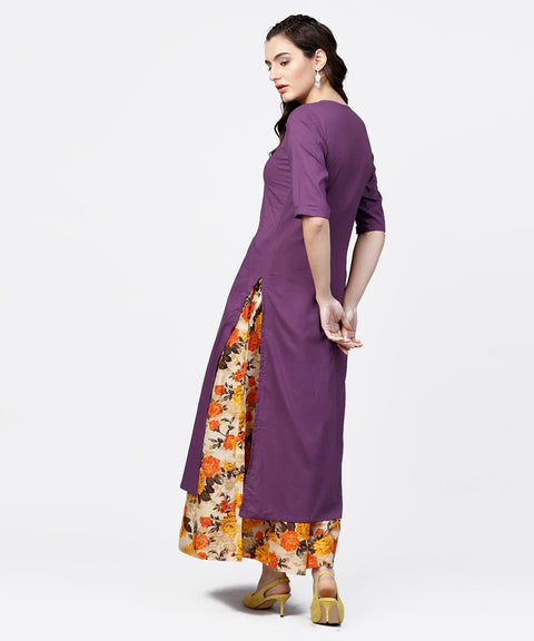 Solid Short- Round neck with a Slit 3/4th sleeved Kurta with Floral Printed Skirt Set