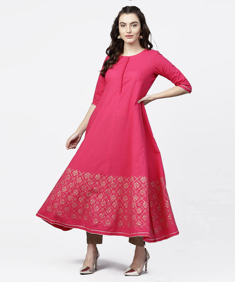 Solid Short Round neck with 3/4th sleeves Gold Hand- Block Printed Anarkali Kurta