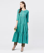 Printed Round Neck Three-tiered Flared Maxi Dress with pintucks and 3/4th sleeves