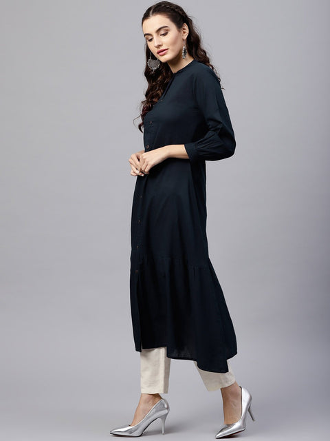 Navy blue round neck A-line kurta with front placket and cuffed full sleeves