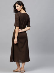 Dark brown A-line dress with front patch pockets and half sleeves