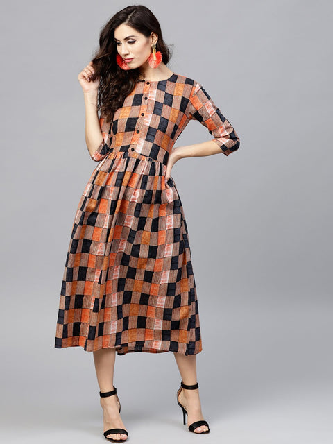 Multi colored  Round neck checked dress with front placket and 3/4 sleeves