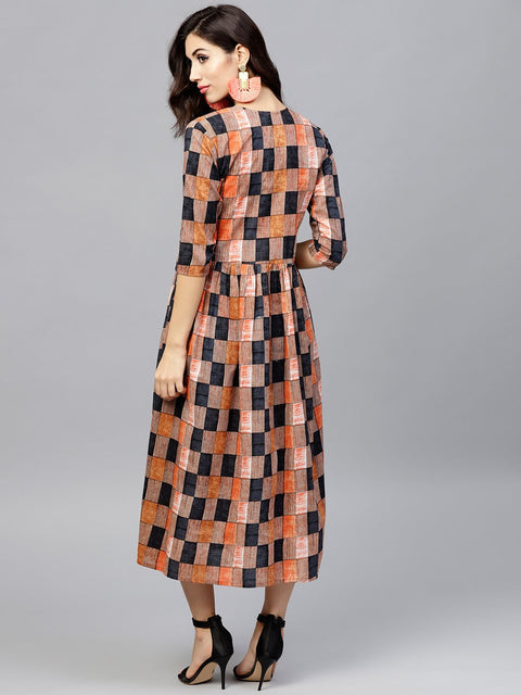 Multi colored  Round neck checked dress with front placket and 3/4 sleeves