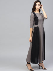 Grey and color blocking dress with Round neck and 3/4 sleeves