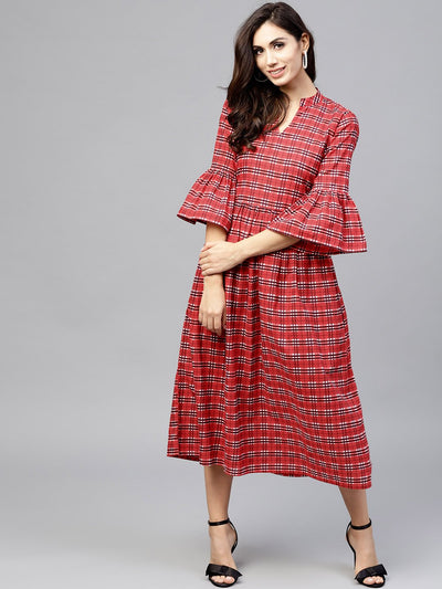 Red Checked Dress with Madarin collar and flared sleeves