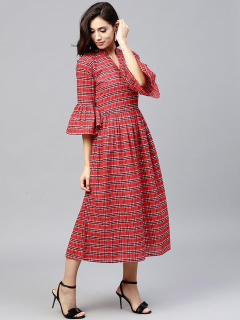 Red Checked Dress with Madarin collar and flared sleeves