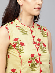 Pale yellow Printed Top with Madarin Collar