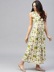 White printed sleeveless dress with front placket and Round neck