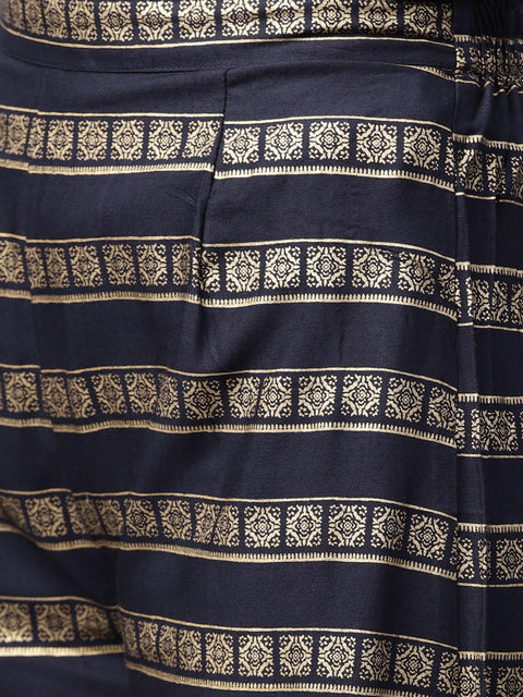 Navy blue gold printed 3/4th sleeve cotton kurta with ankle length Palazzo