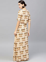 Beige printed Peter pan collar blouse with floor length flared ion skirt