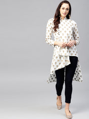 White Asymetric printed tunic with Madarin Collar and 3/4 sleeves