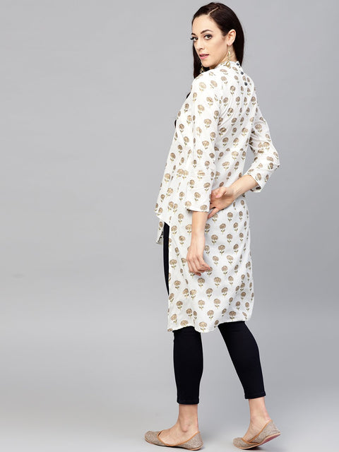 White Asymetric printed tunic with Madarin Collar and 3/4 sleeves