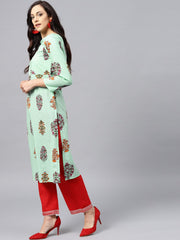 Green printed kurta with boat neck and full sleeves