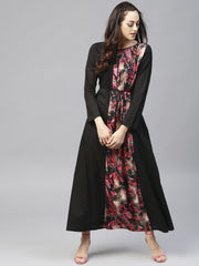 Black printed Maxi dress with Round neck and full sleeves