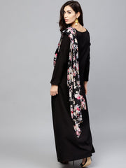 Black printed draped maxi dress with round neck and full sleeves