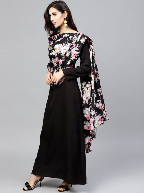 Black printed draped maxi dress with round neck and full sleeves